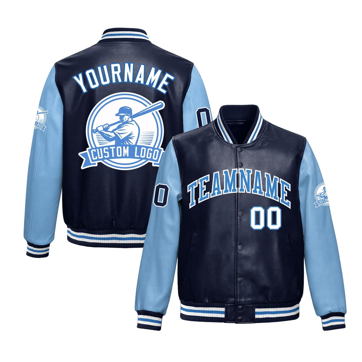 Custom Navy Powder Blue Raglan Sleeves Full-Snap Faux Leather Letterman Jacket| KXKSHOP