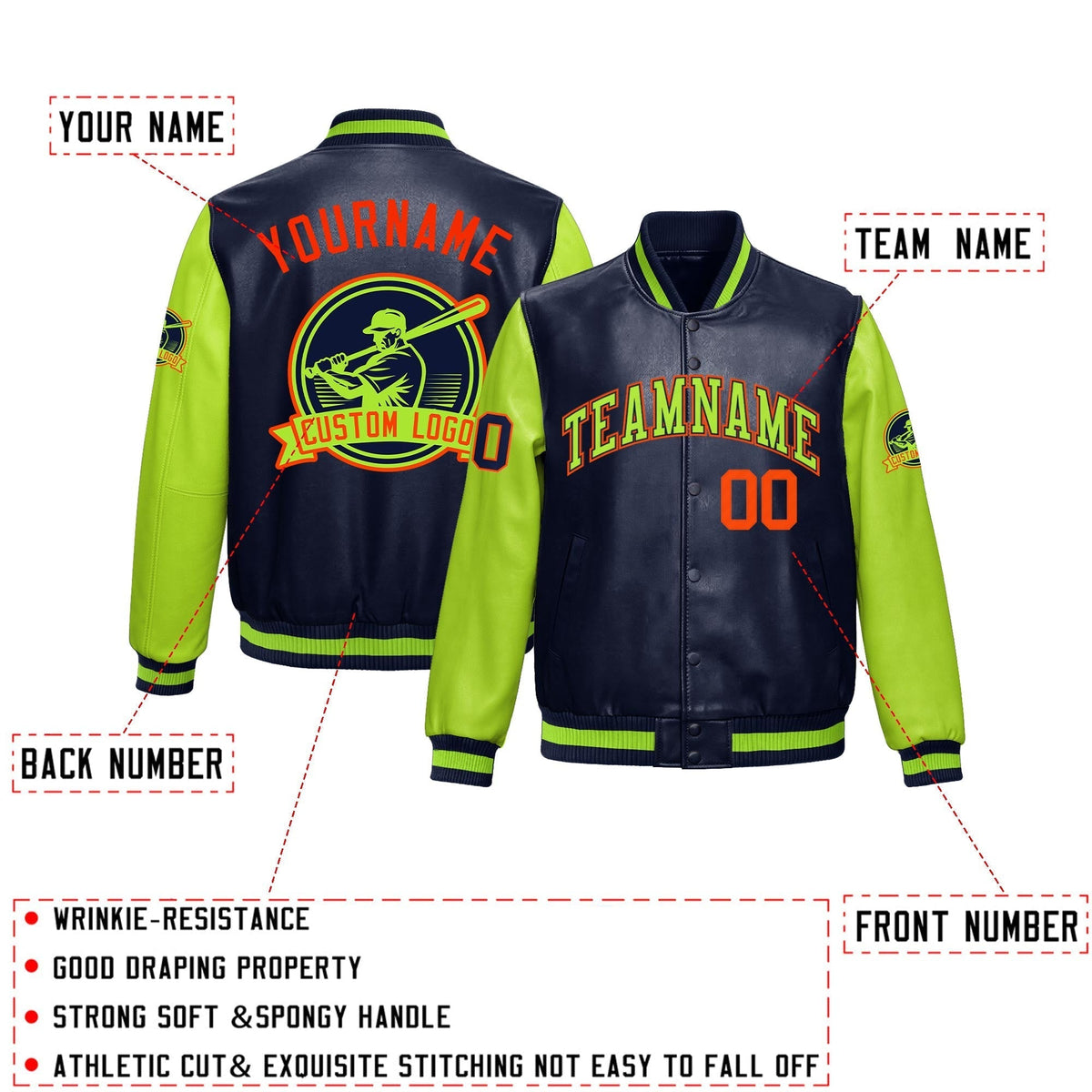 Custom Navy Neon Green Raglan Sleeves Full-Snap Faux Leather Letterman Jacket| KXKSHOP