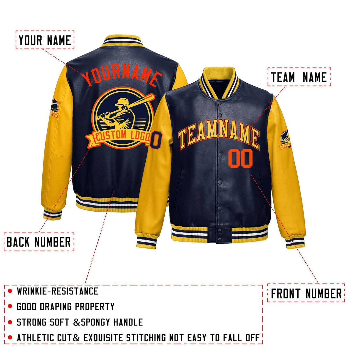 Custom Navy Yellow Raglan Sleeves Full-Snap Faux Leather Letterman Jacket| KXKSHOP