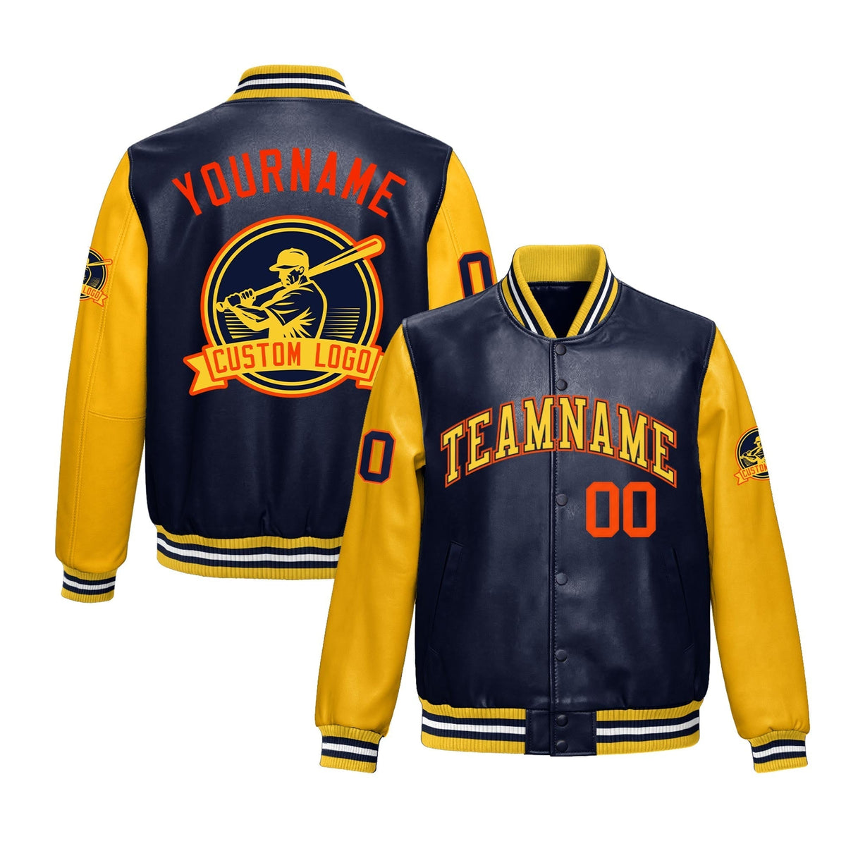 Custom Navy Yellow Raglan Sleeves Full-Snap Faux Leather Letterman Jacket| KXKSHOP