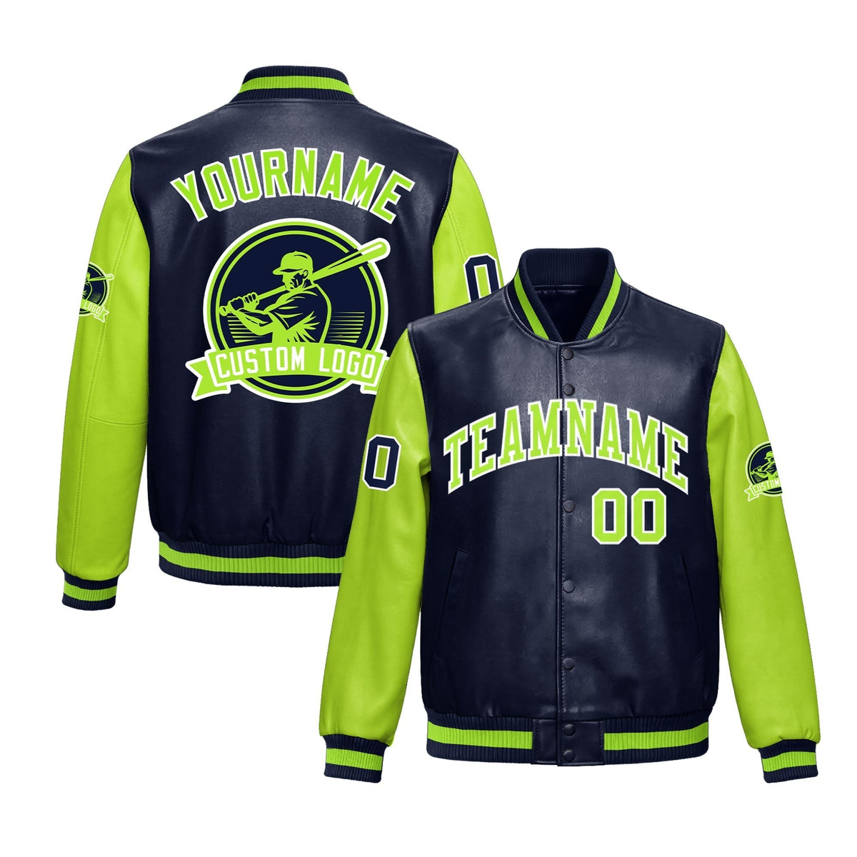 Custom Navy Neon Green Raglan Sleeves Full-Snap Faux Leather Letterman Jacket| KXKSHOP