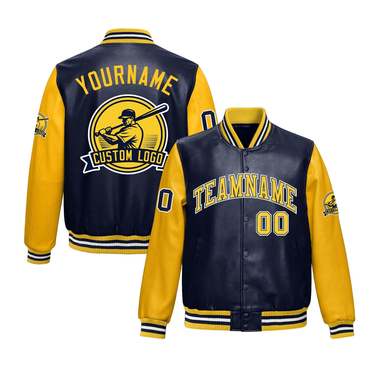 Custom Navy Yellow Raglan Sleeves Full-Snap Faux Leather Letterman Jacket| KXKSHOP