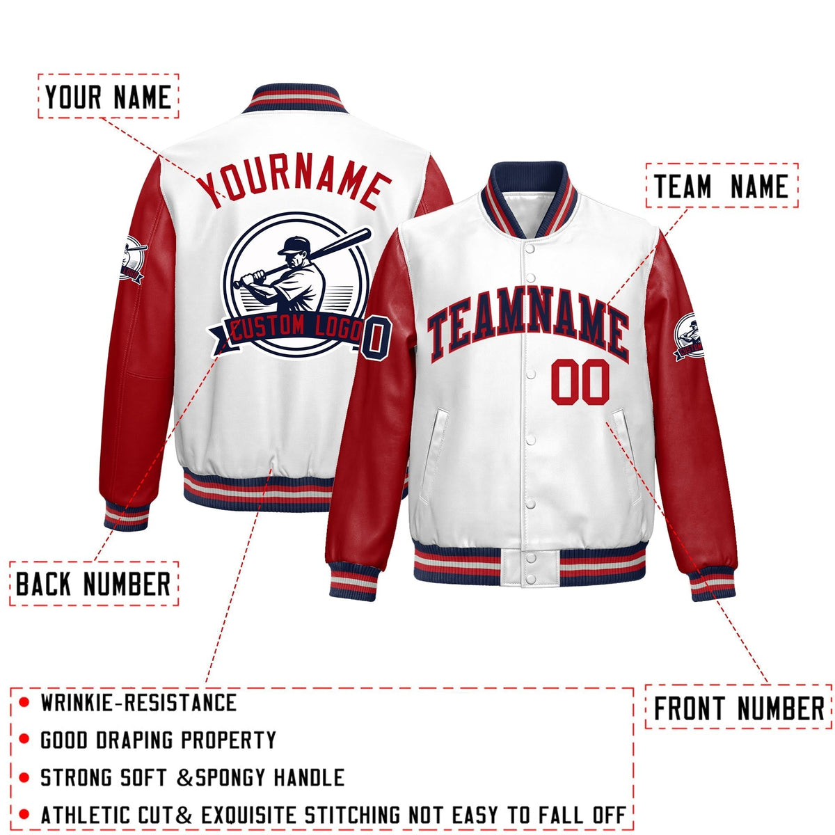 Custom Navy Red Raglan Sleeves Full-Snap Faux Leather Letterman Jacket| KXKSHOP