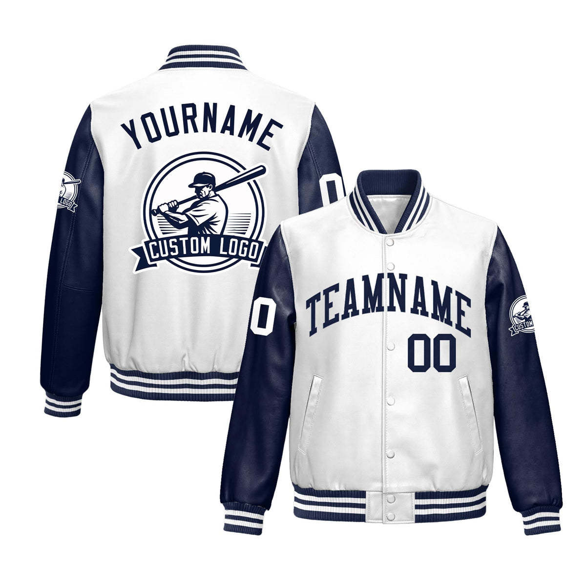 Custom Navy White Raglan Sleeves Full-Snap Faux Leather Letterman Jacket| KXKSHOP