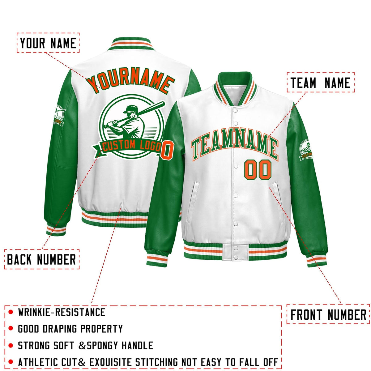 Custom Kelly Green White Orange Raglan Sleeves Full-Snap Faux Leather Letterman Jacket| KXKSHOP