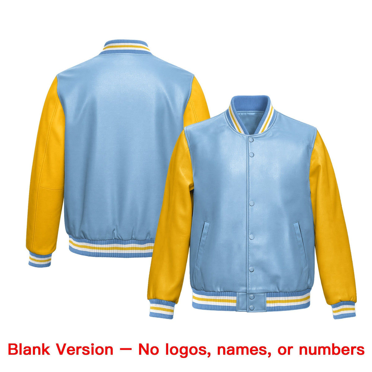 Custom Powder Blue Yellow Raglan Sleeves Full-Snap Faux Leather Letterman Jacket| KXKSHOP