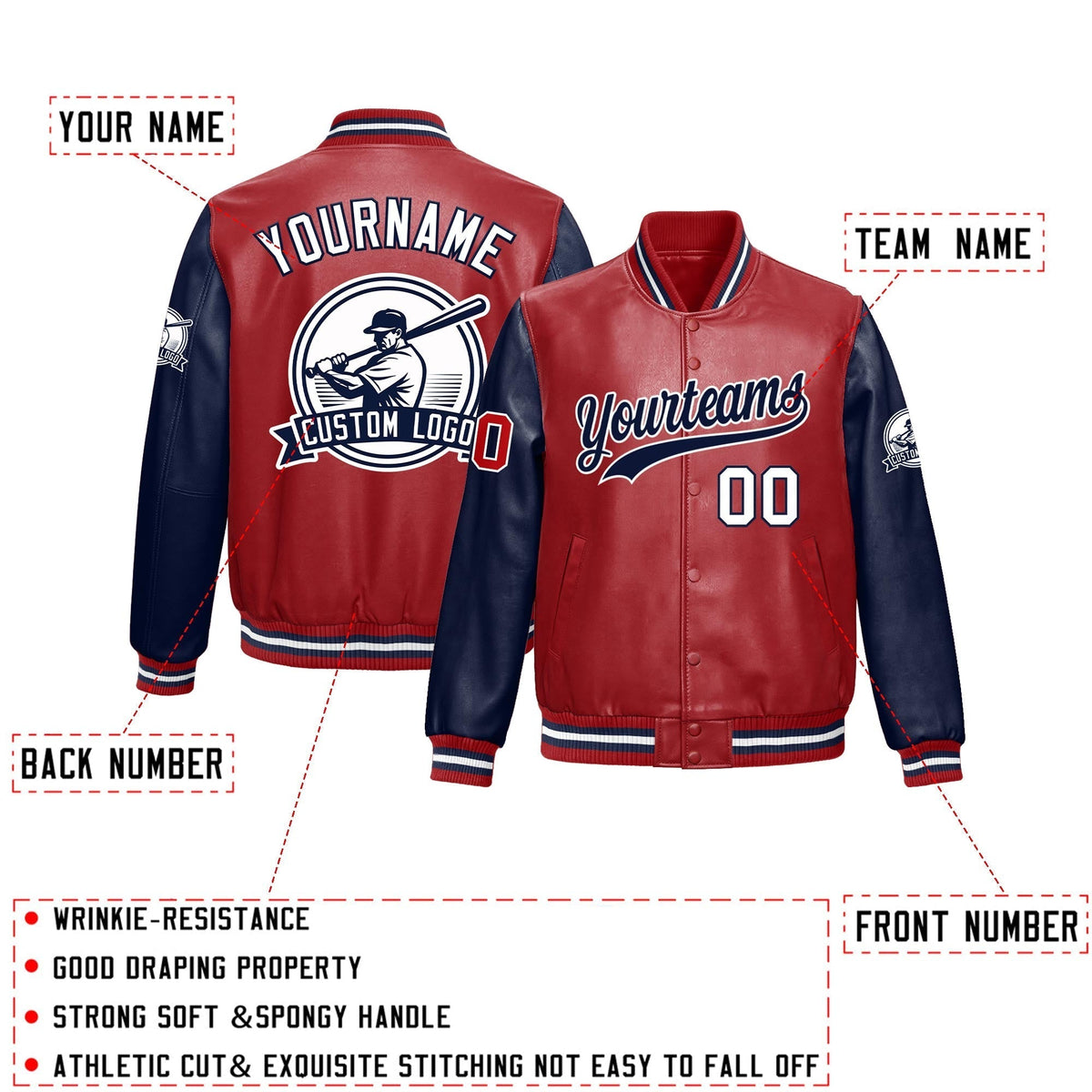 Custom Navy Red Raglan Sleeves Full-Snap Faux Leather Letterman Jacket| KXKSHOP