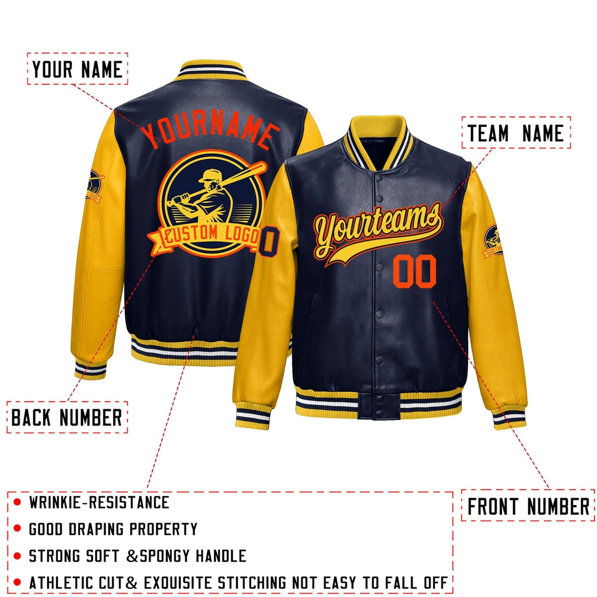Custom Navy Yellow Raglan Sleeves Full-Snap Faux Leather Letterman Jacket| KXKSHOP