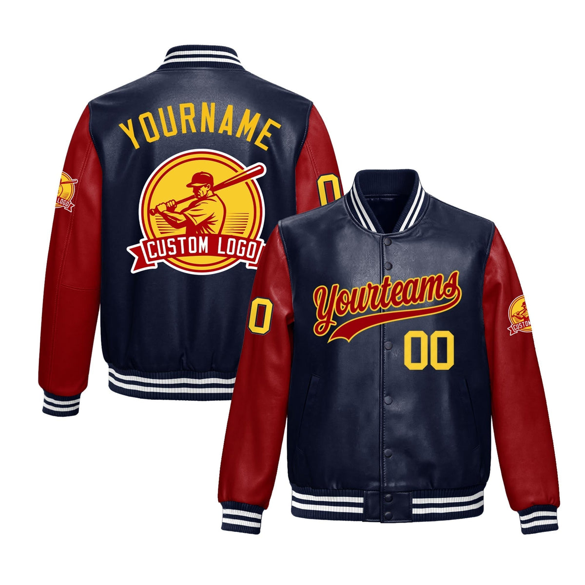 Custom Navy White Raglan Sleeves Full-Snap Faux Leather Letterman Jacket| KXKSHOP