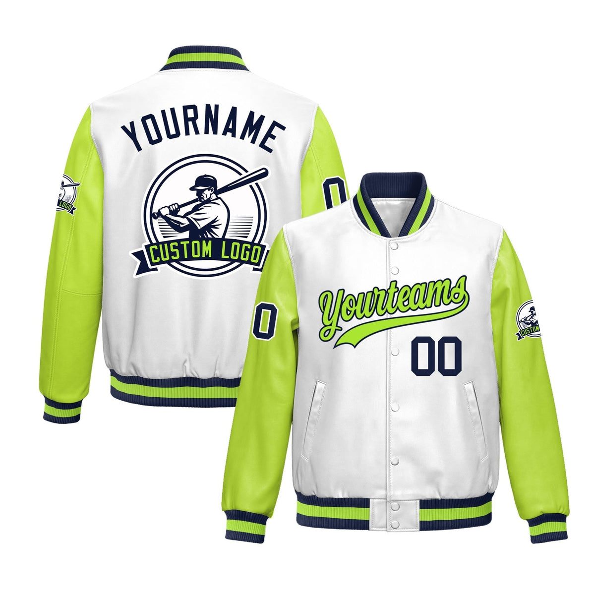 Custom Neon Green Navy Raglan Sleeves Full-Snap Faux Leather Letterman Jacket| KXKSHOP