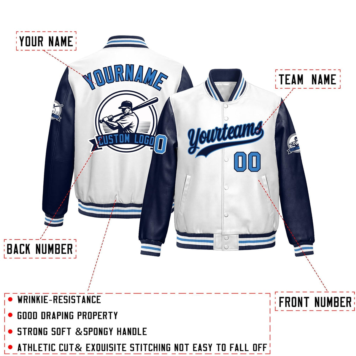 Custom Navy White Raglan Sleeves Full-Snap Faux Leather Letterman Jacket| KXKSHOP