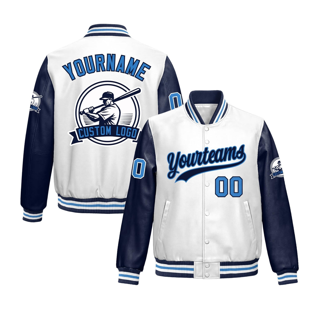 Custom Navy White Raglan Sleeves Full-Snap Faux Leather Letterman Jacket| KXKSHOP