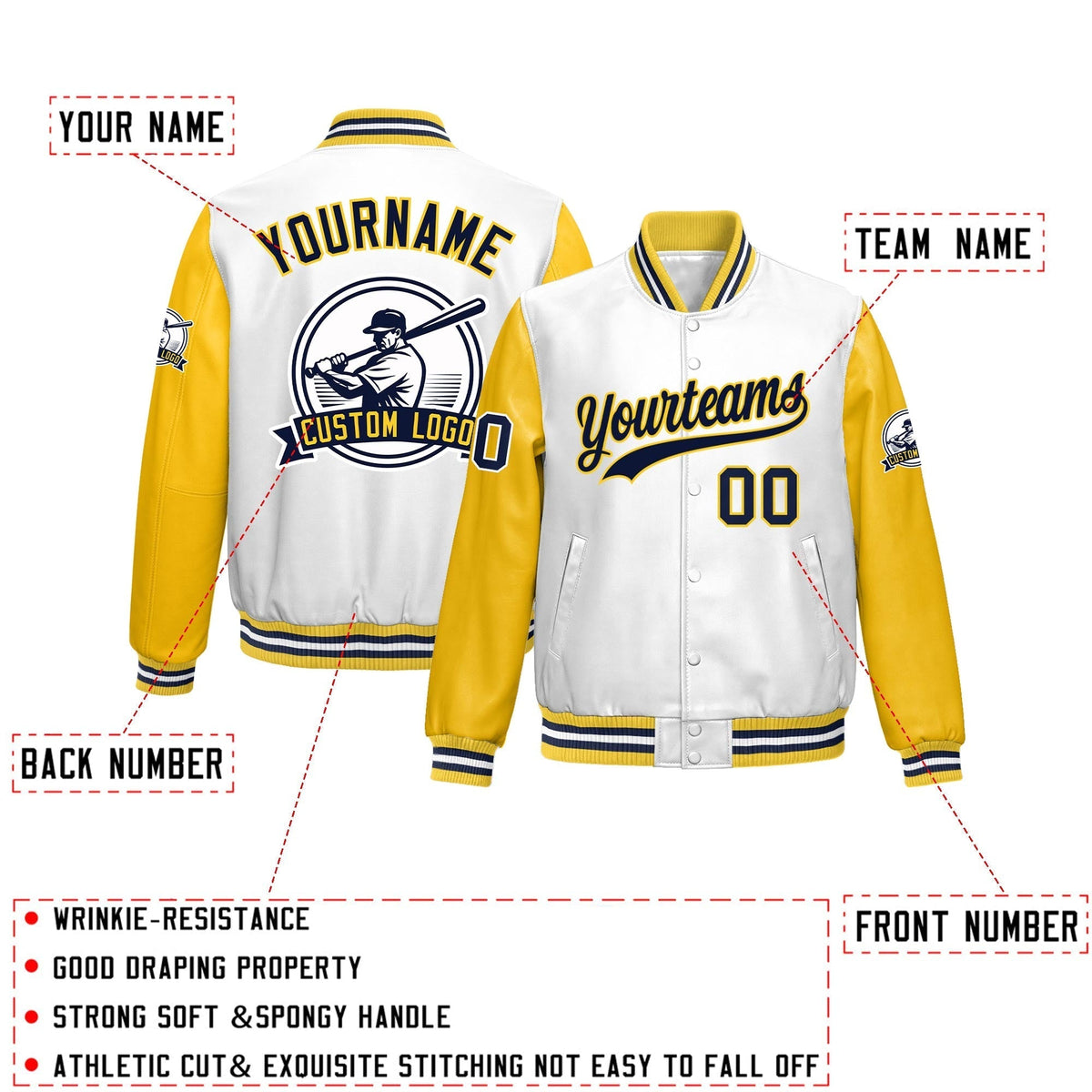 Custom Yellow White Raglan Sleeves Full-Snap Faux Leather Letterman Jacket| KXKSHOP