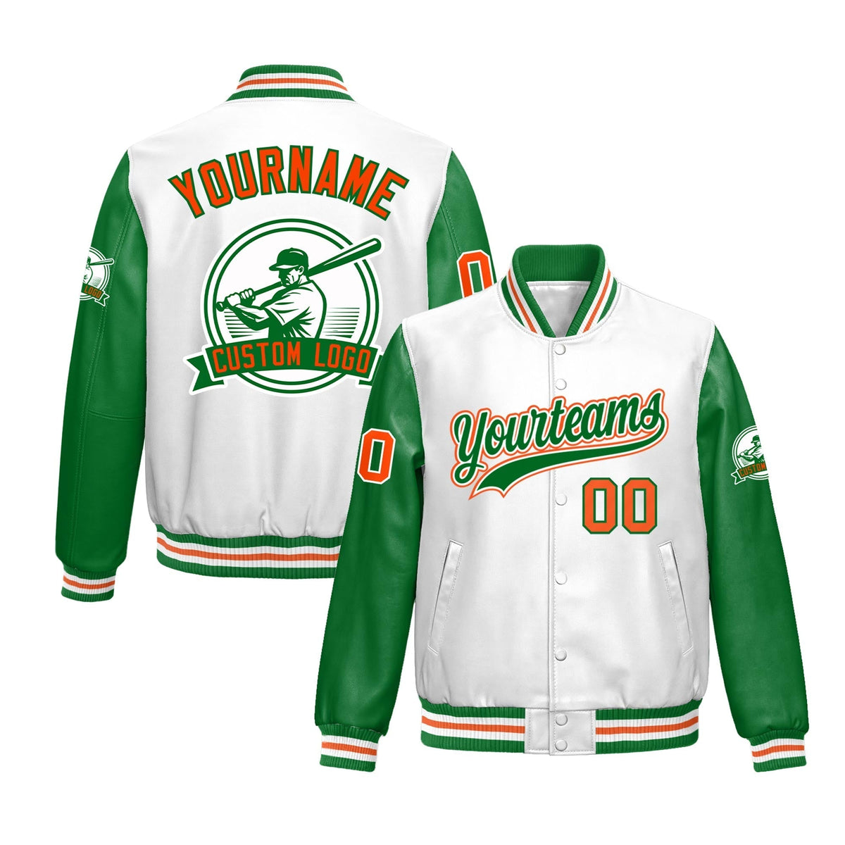 Custom Kelly Green White Orange Raglan Sleeves Full-Snap Faux Leather Letterman Jacket| KXKSHOP