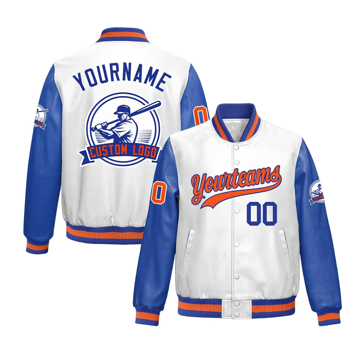 Custom Royal Blue Orange Raglan Sleeves Full-Snap Faux Leather Letterman Jacket| KXKSHOP