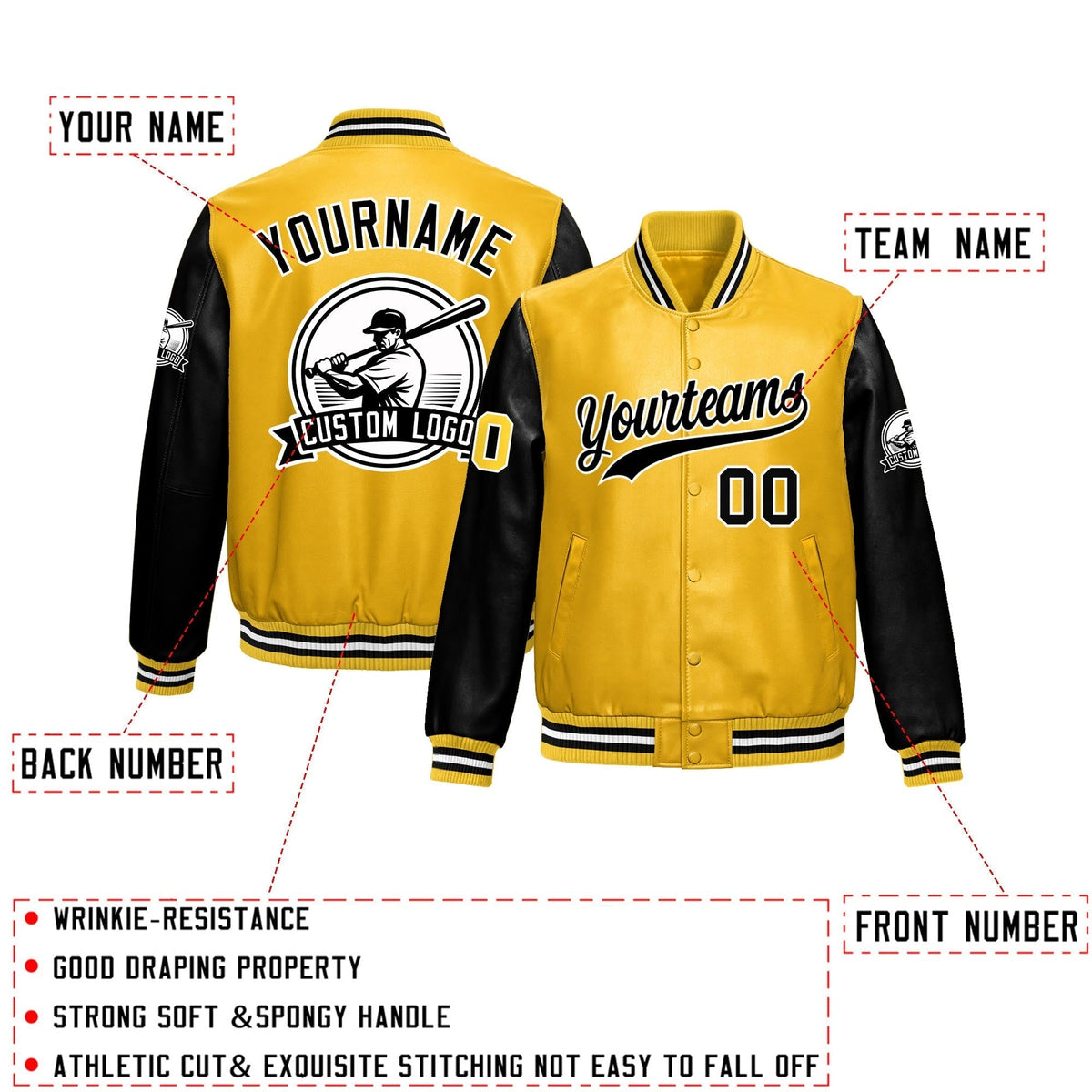 Custom Yellow Black Raglan Sleeves Full-Snap Faux Leather Letterman Jacket| KXKSHOP