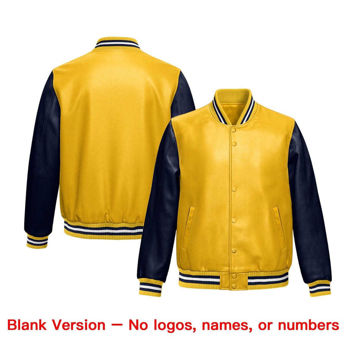 Custom Yellow Navy Raglan Sleeves Full-Snap Faux Leather Letterman Jacket| KXKSHOP