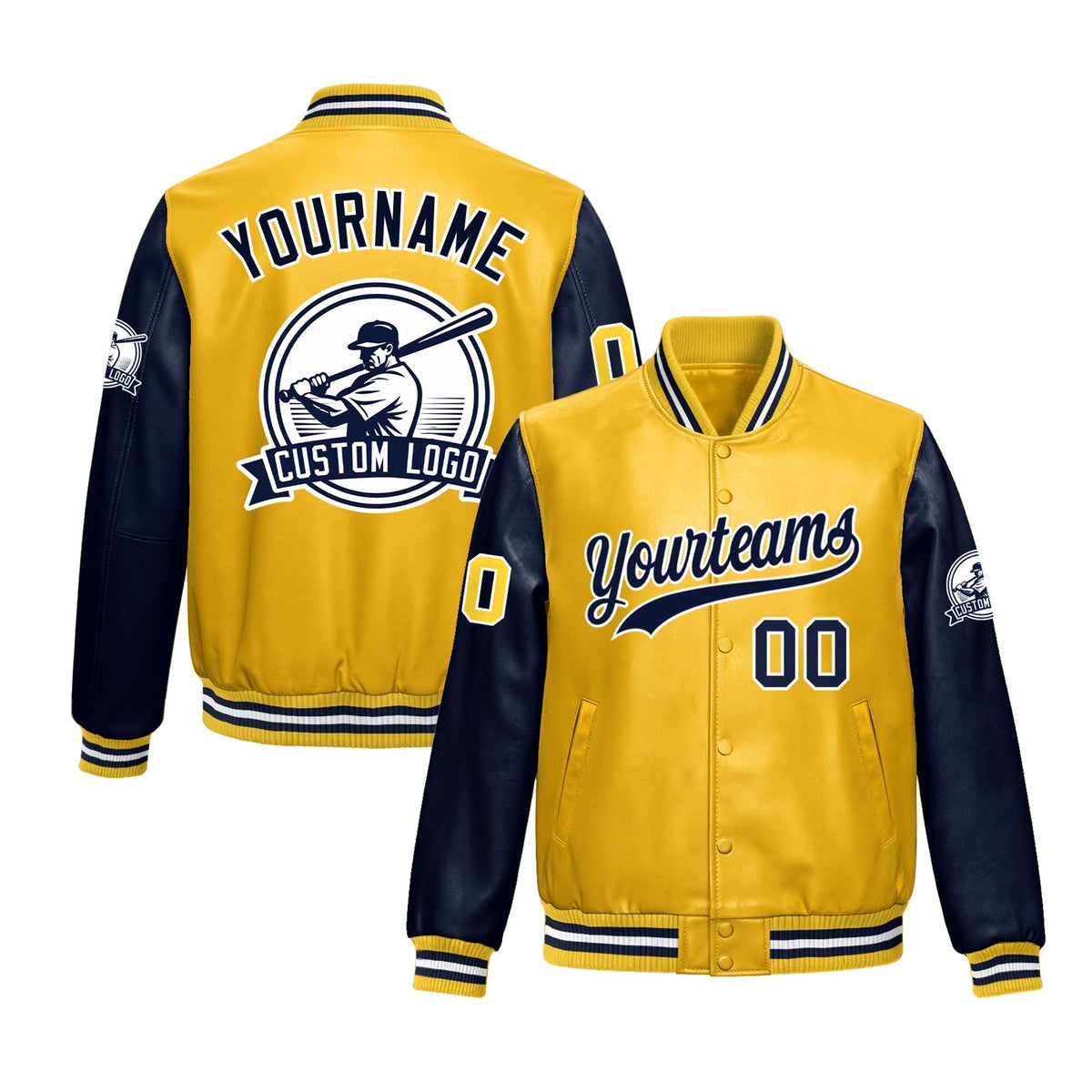 Custom Yellow Navy Raglan Sleeves Full-Snap Faux Leather Letterman Jacket| KXKSHOP