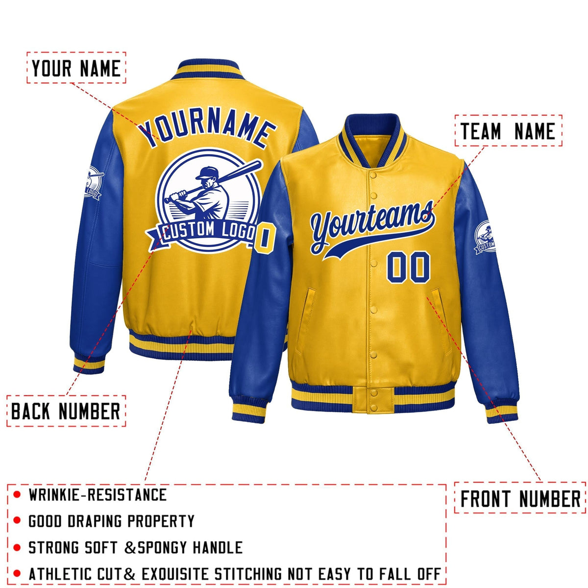 Custom Yellow Royal Blue Raglan Sleeves Full-Snap Faux Leather Letterman Jacket| KXKSHOP