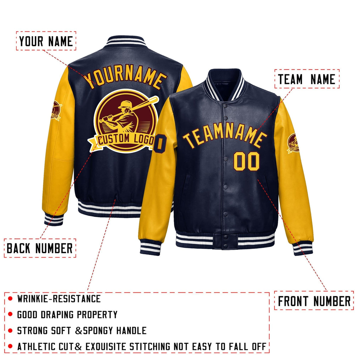 Custom Navy Yellow Raglan Sleeves Full-Snap Faux Leather Letterman Jacket| KXKSHOP