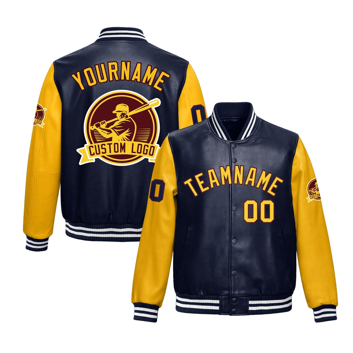 Custom Navy Yellow Raglan Sleeves Full-Snap Faux Leather Letterman Jacket| KXKSHOP