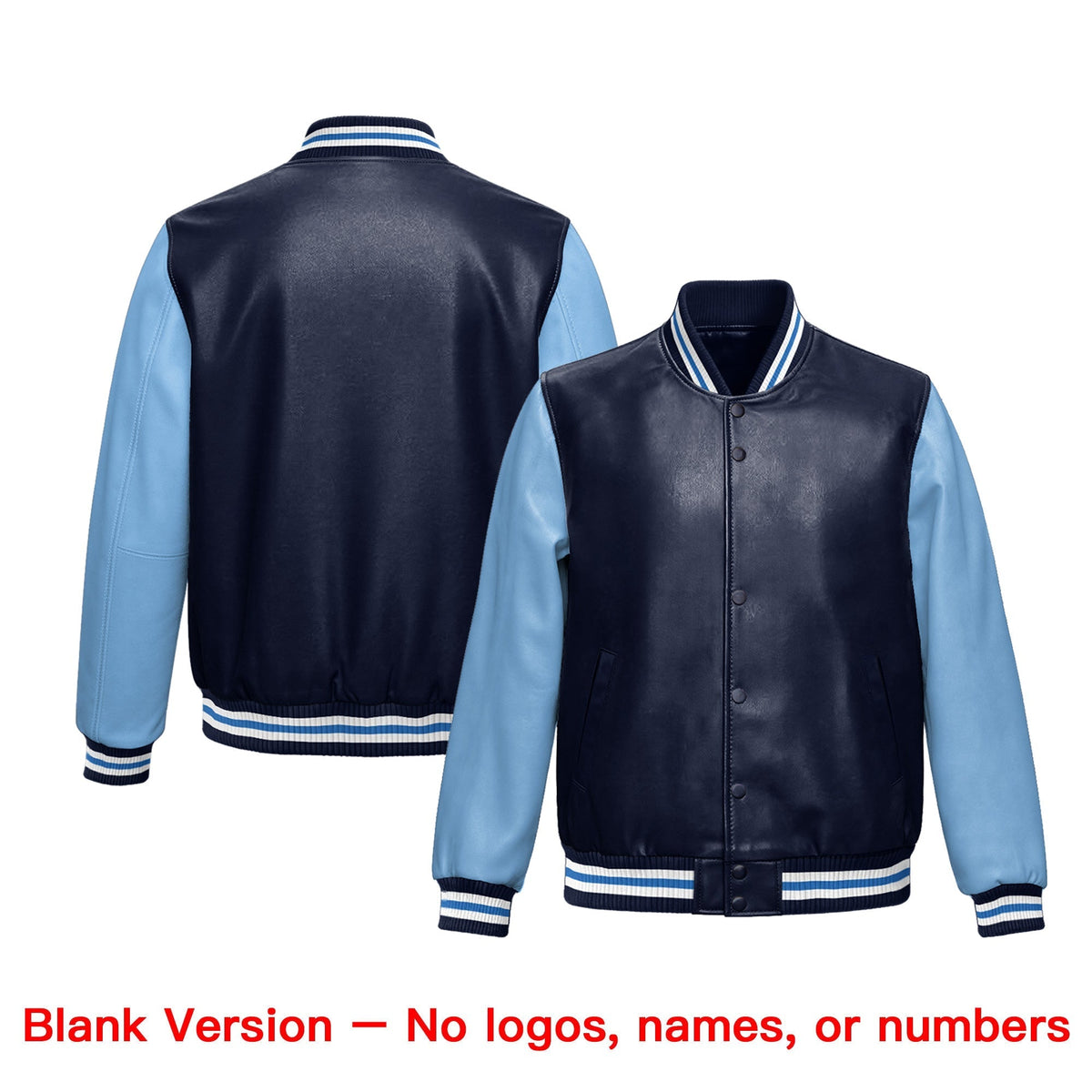 Custom Navy Powder Blue Raglan Sleeves Full-Snap Faux Leather Letterman Jacket| KXKSHOP