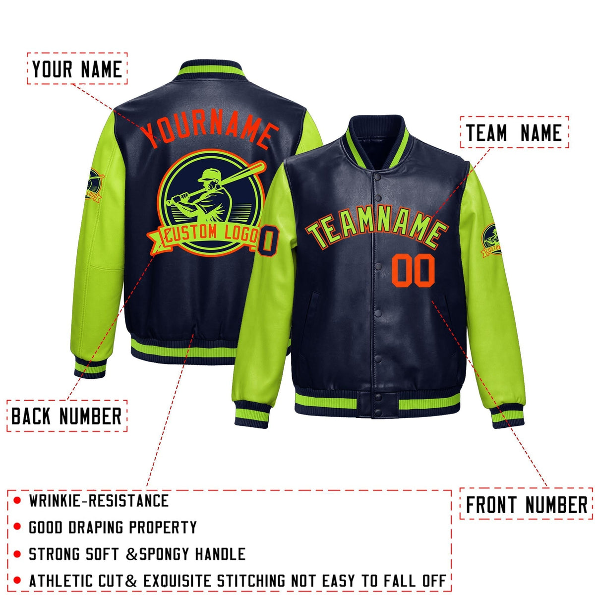 Custom Navy Neon Green Raglan Sleeves Full-Snap Faux Leather Letterman Jacket| KXKSHOP