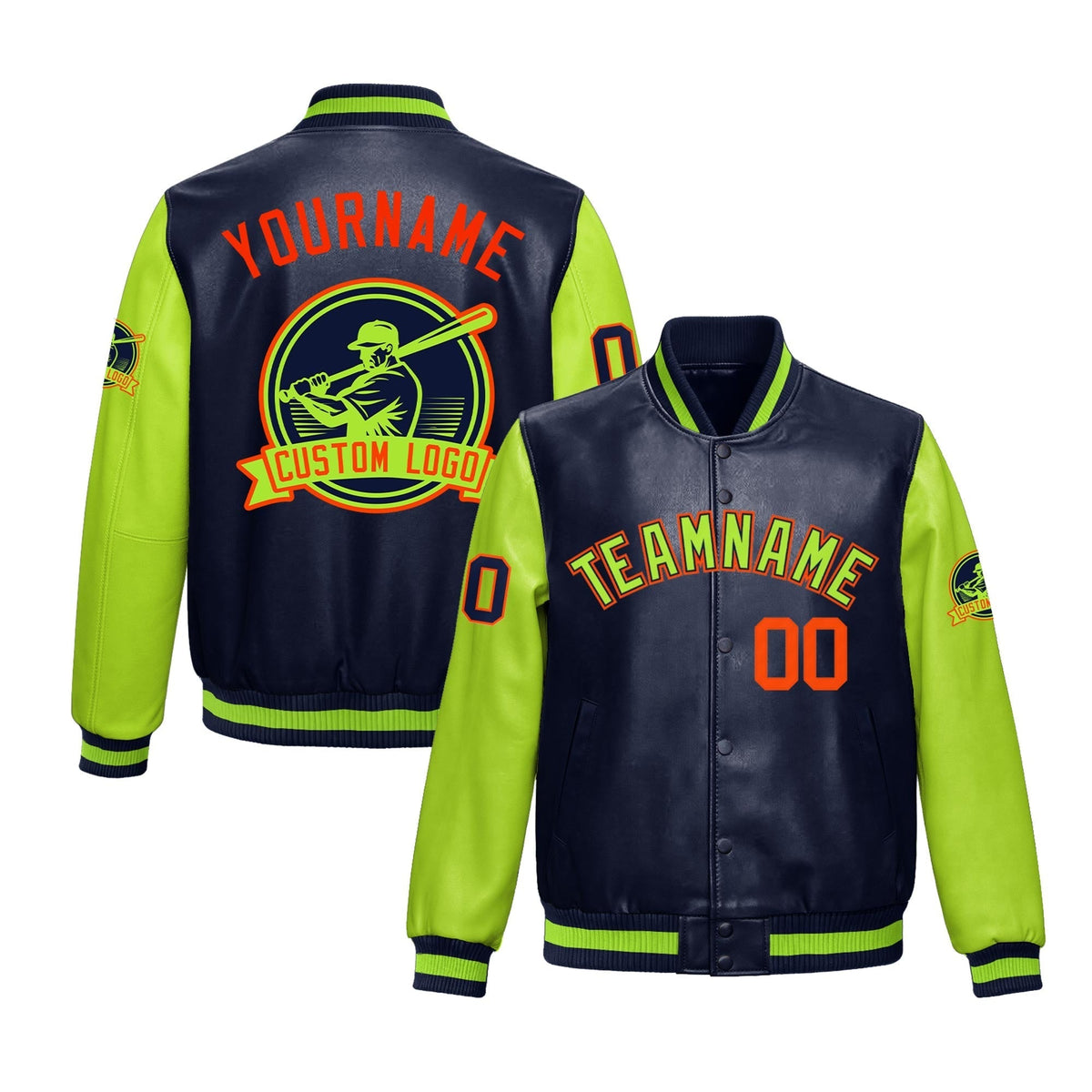 Custom Navy Neon Green Raglan Sleeves Full-Snap Faux Leather Letterman Jacket| KXKSHOP