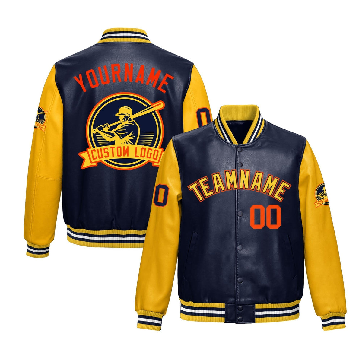 Custom Navy Yellow Raglan Sleeves Full-Snap Faux Leather Letterman Jacket| KXKSHOP
