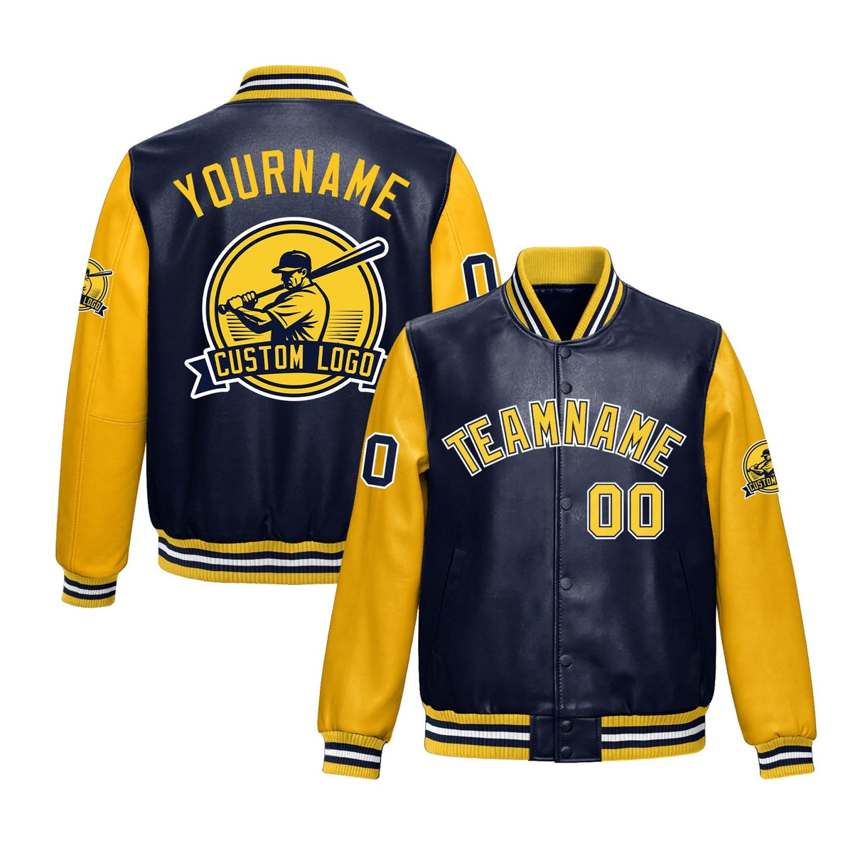 Custom Navy Yellow Raglan Sleeves Full-Snap Faux Leather Letterman Jacket| KXKSHOP