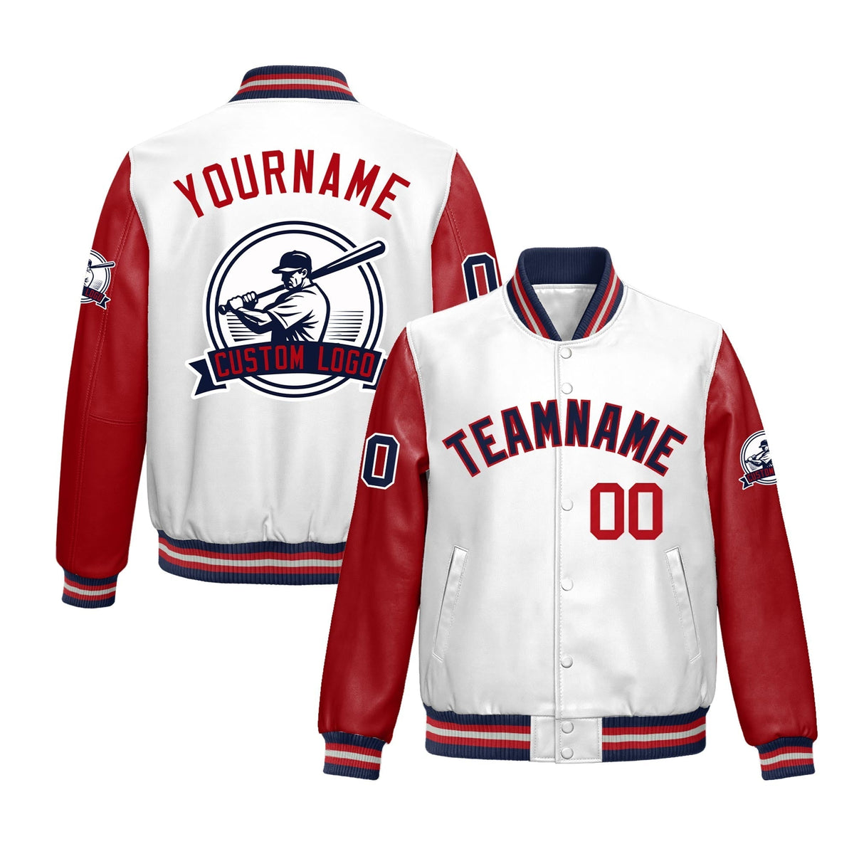 Custom Navy Red Raglan Sleeves Full-Snap Faux Leather Letterman Jacket| KXKSHOP