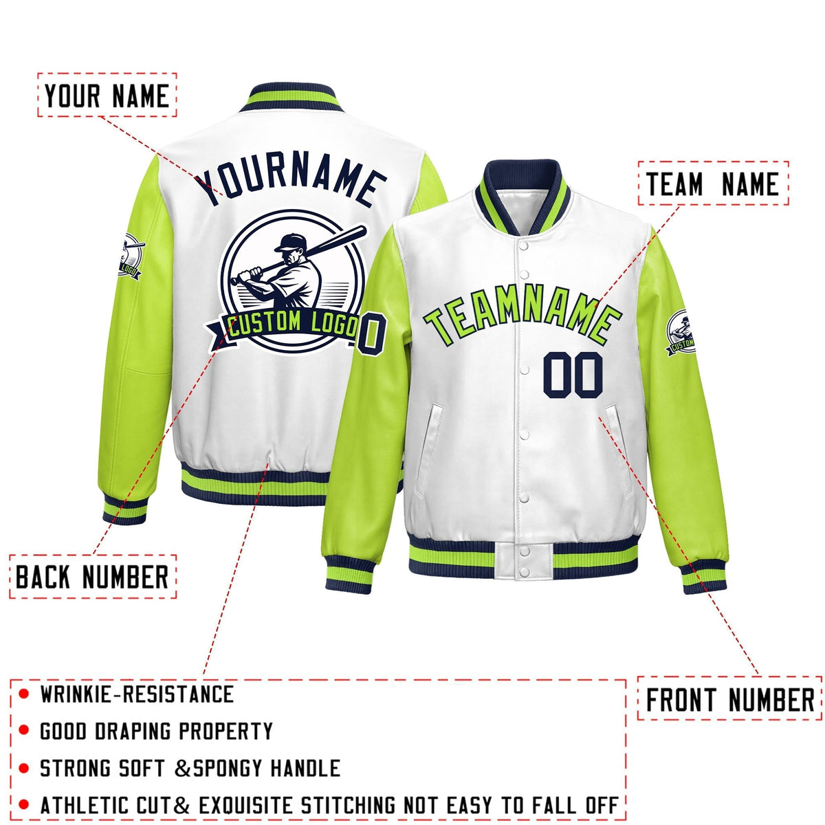 Custom Neon Green Navy Raglan Sleeves Full-Snap Faux Leather Letterman Jacket| KXKSHOP