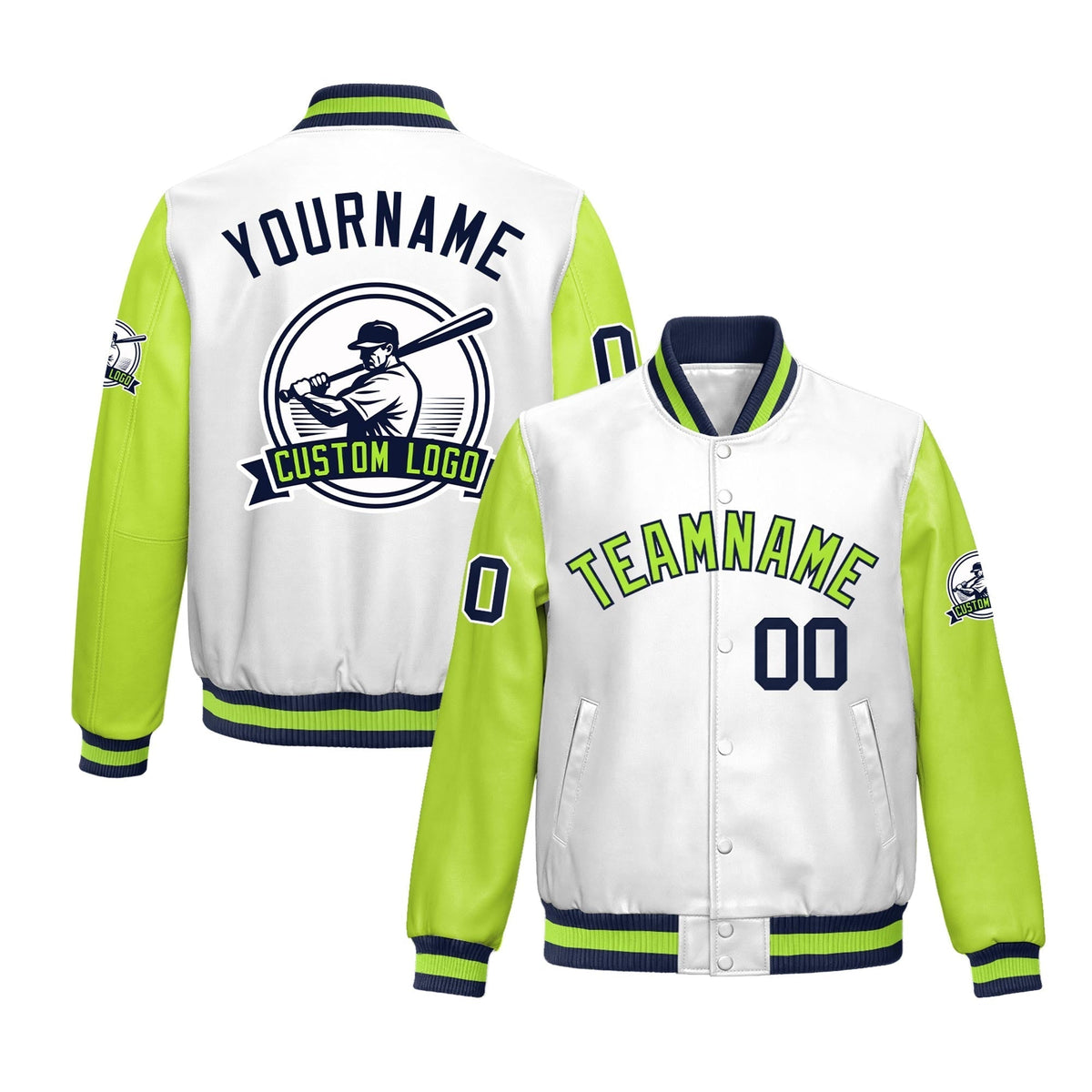 Custom Neon Green Navy Raglan Sleeves Full-Snap Faux Leather Letterman Jacket| KXKSHOP