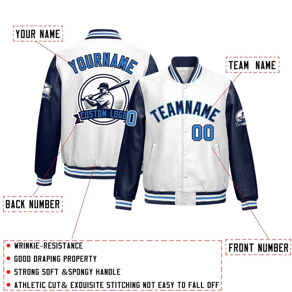 Custom Navy White Raglan Sleeves Full-Snap Faux Leather Letterman Jacket| KXKSHOP