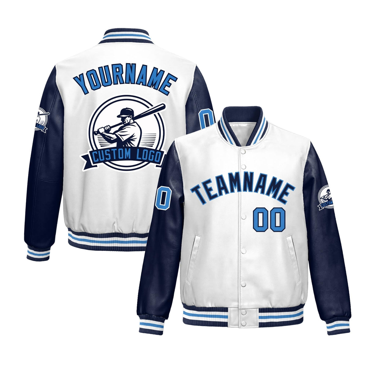 Custom Navy White Raglan Sleeves Full-Snap Faux Leather Letterman Jacket| KXKSHOP