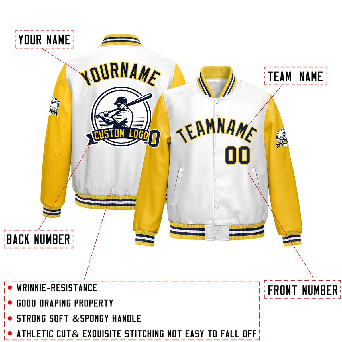 Custom Yellow White Raglan Sleeves Full-Snap Faux Leather Letterman Jacket| KXKSHOP