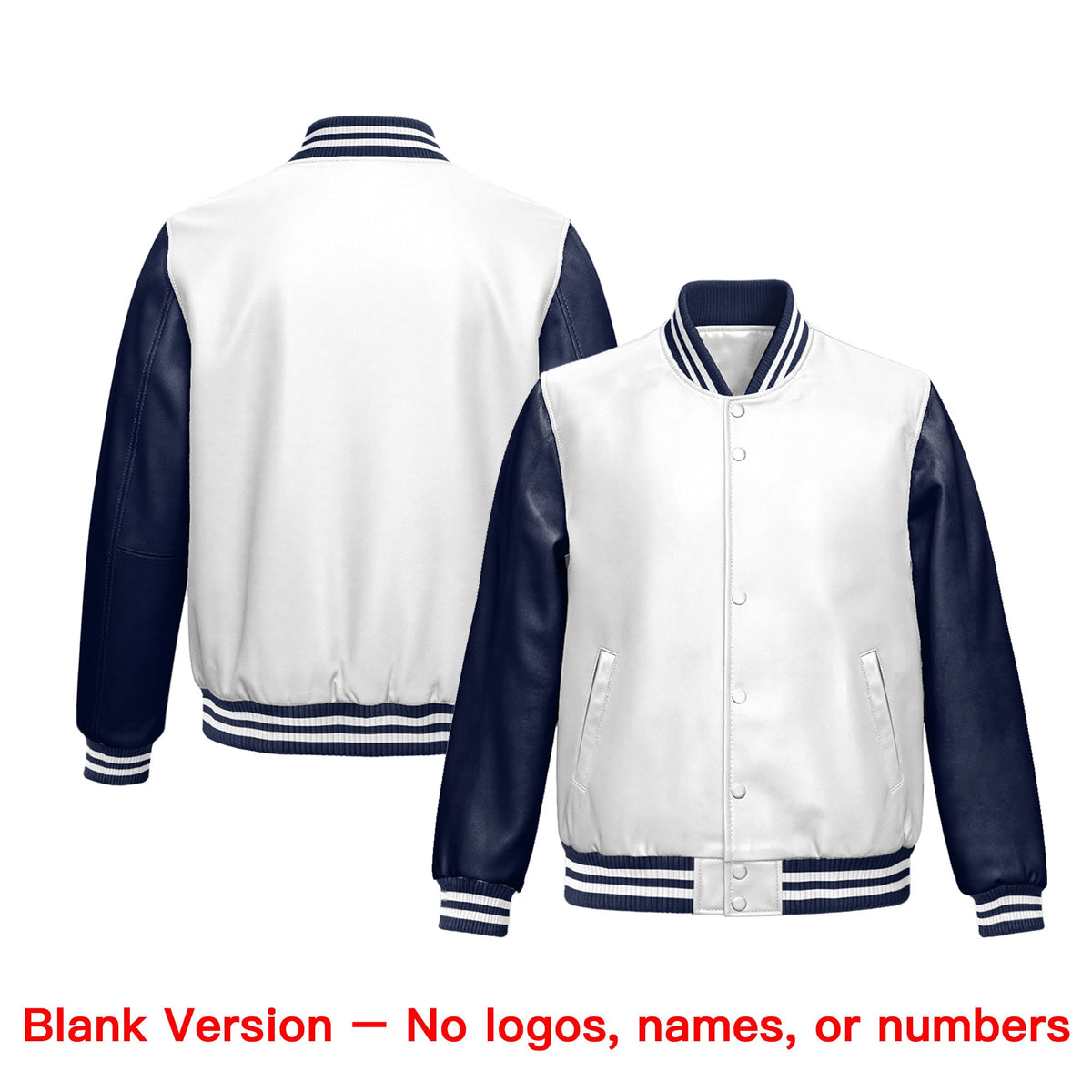 Custom Navy White Raglan Sleeves Full-Snap Faux Leather Letterman Jacket| KXKSHOP