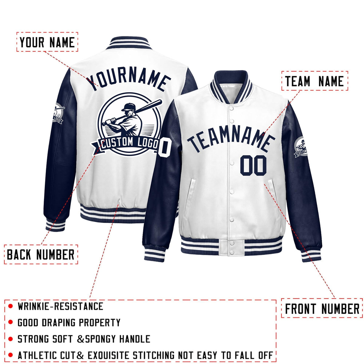 Custom Navy White Raglan Sleeves Full-Snap Faux Leather Letterman Jacket| KXKSHOP