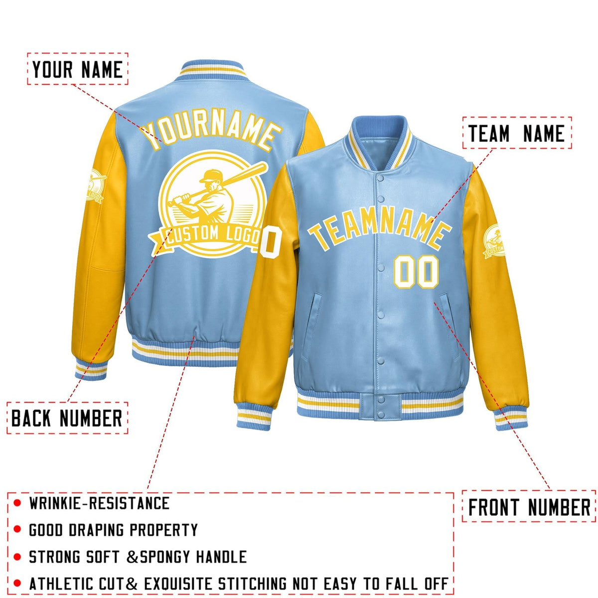 Custom Powder Blue Yellow Raglan Sleeves Full-Snap Faux Leather Letterman Jacket| KXKSHOP