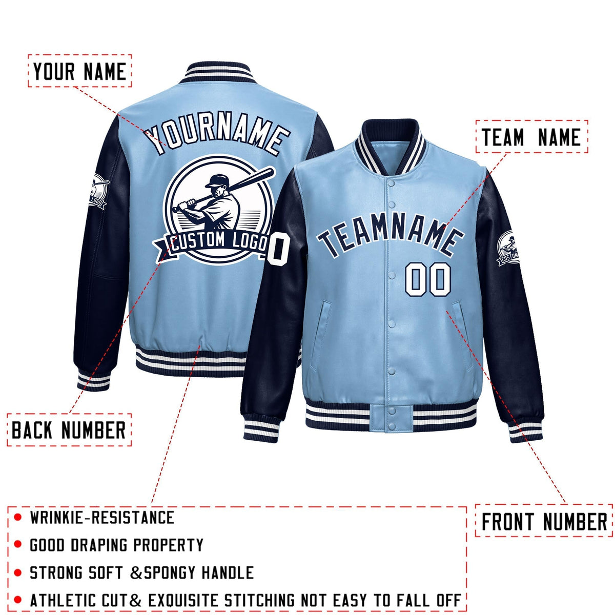 Custom Powder Blue Navy Raglan Sleeves Full-Snap Faux Leather Letterman Jacket| KXKSHOP