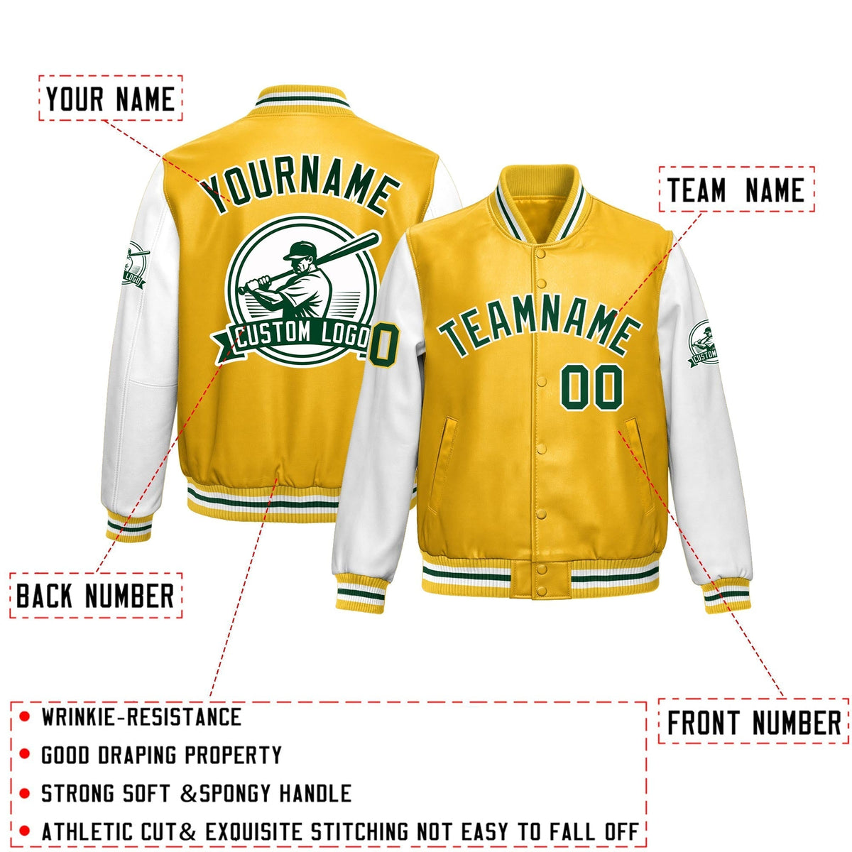 Custom Yellow White Raglan Sleeves Full-Snap Faux Leather Letterman Jacket| KXKSHOP