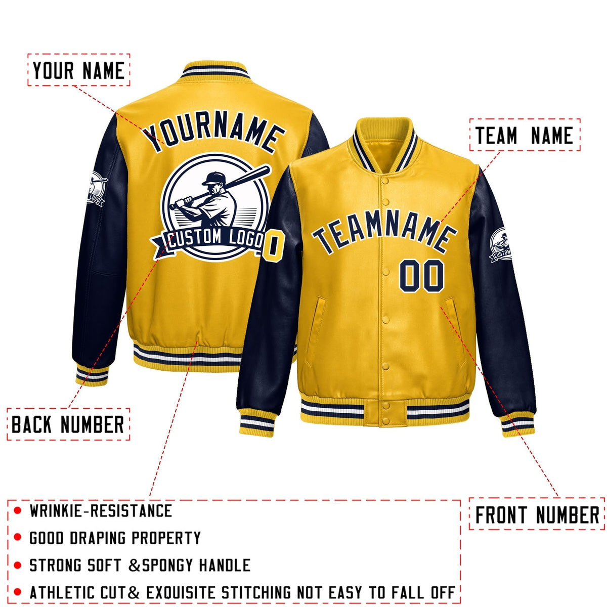 Custom Yellow Navy Raglan Sleeves Full-Snap Faux Leather Letterman Jacket| KXKSHOP