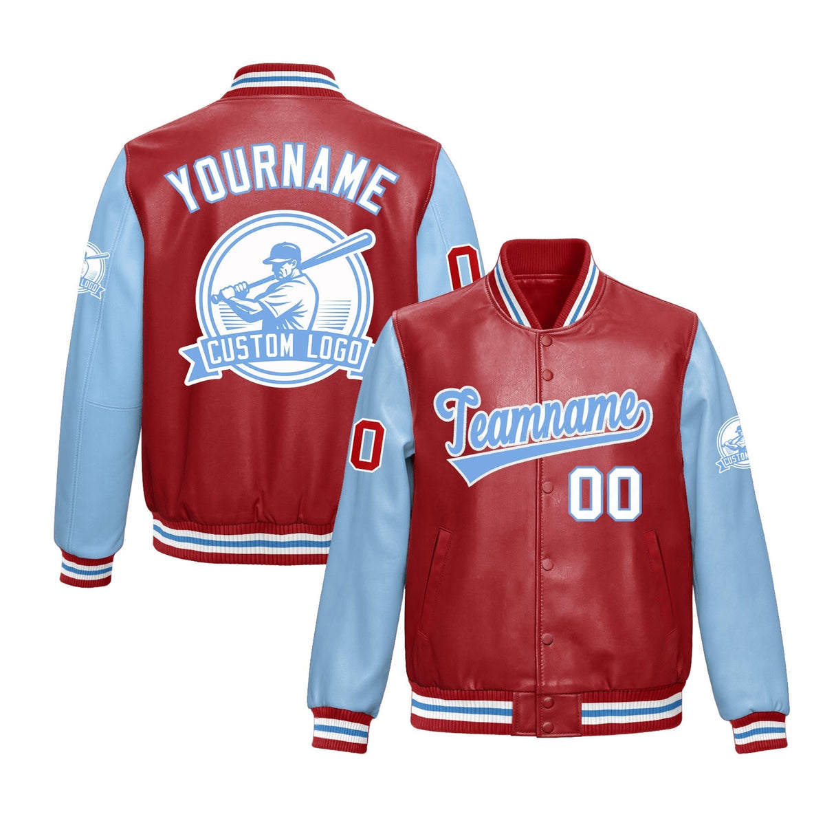 Custom Powder Blue Red Raglan Sleeves Full-Snap Faux Leather Letterman Jacket| KXKSHOP