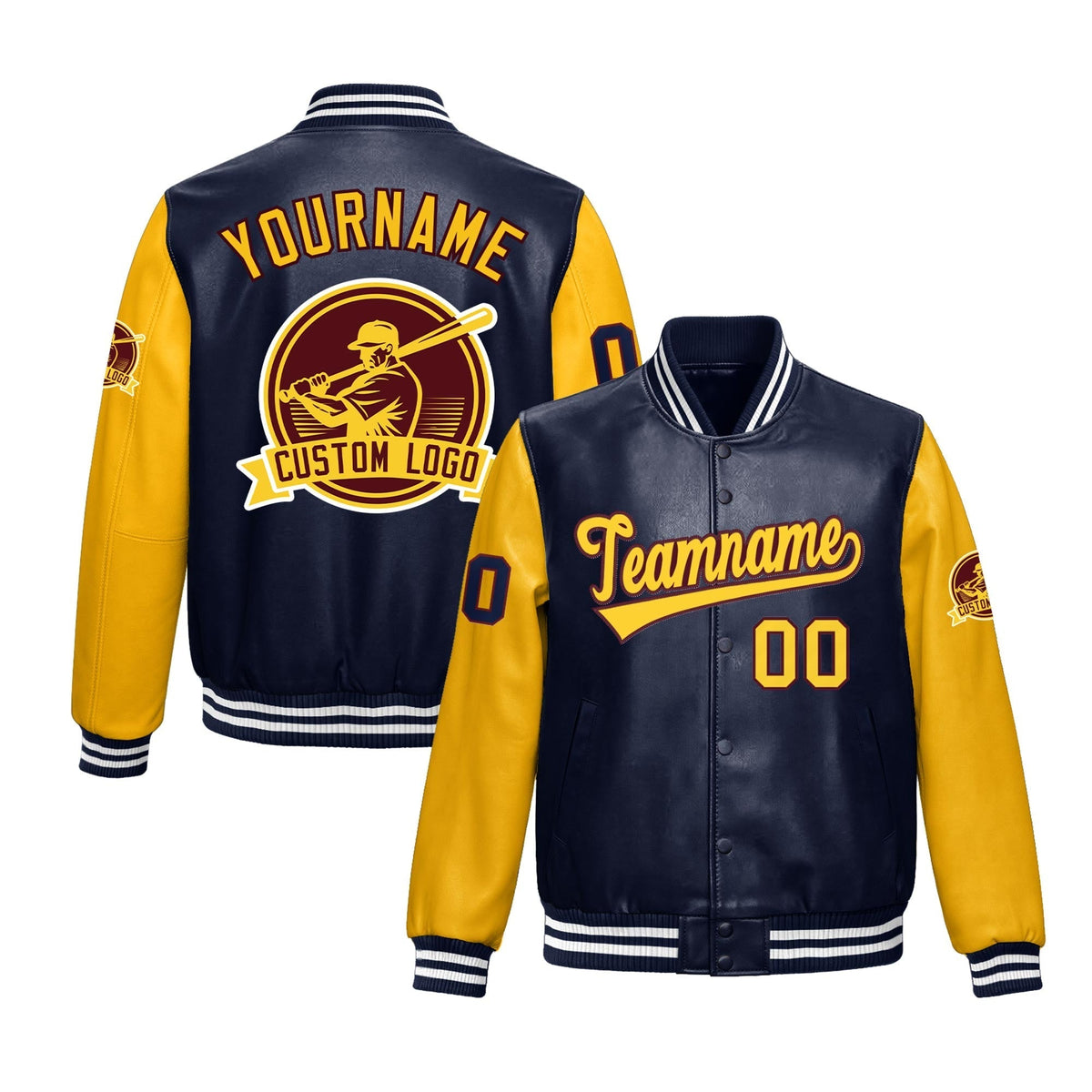 Custom Navy Yellow Raglan Sleeves Full-Snap Faux Leather Letterman Jacket| KXKSHOP