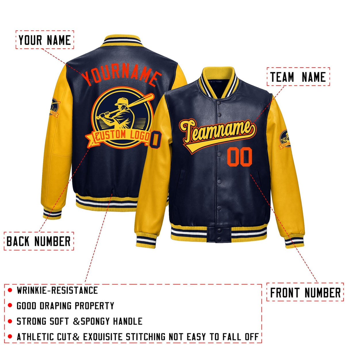 Custom Navy Yellow Raglan Sleeves Full-Snap Faux Leather Letterman Jacket| KXKSHOP