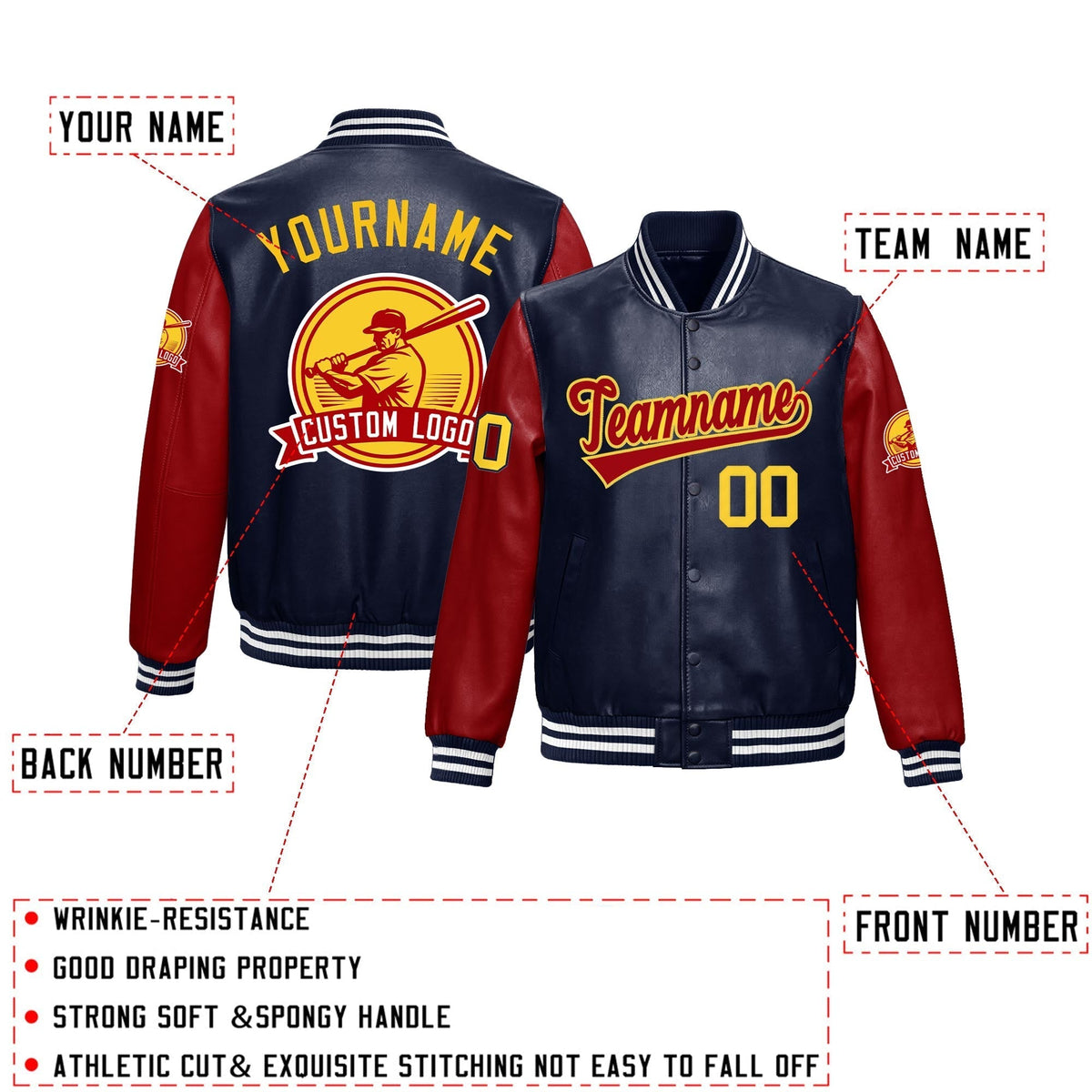 Custom Navy White Raglan Sleeves Full-Snap Faux Leather Letterman Jacket| KXKSHOP