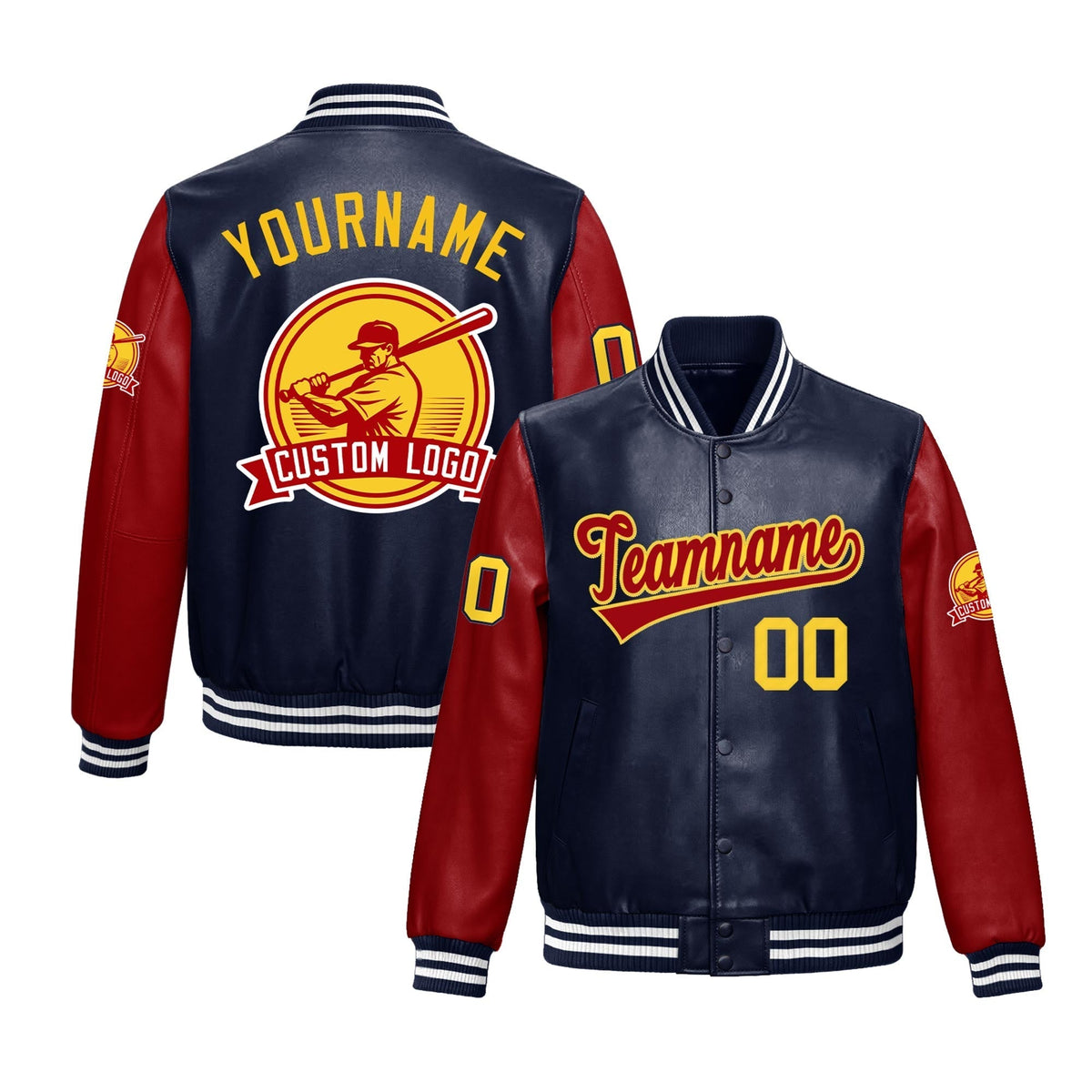 Custom Navy White Raglan Sleeves Full-Snap Faux Leather Letterman Jacket| KXKSHOP