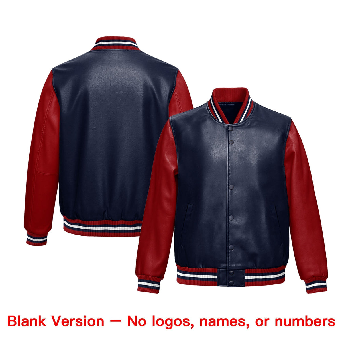 Custom Navy Red Raglan Sleeves Full-Snap Faux Leather Letterman Jacket| KXKSHOP