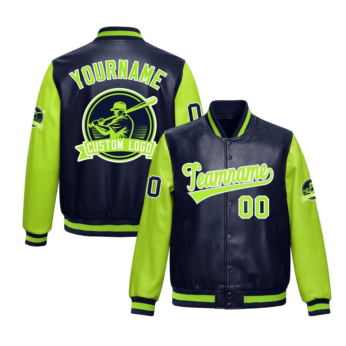 Custom Navy Neon Green Raglan Sleeves Full-Snap Faux Leather Letterman Jacket| KXKSHOP