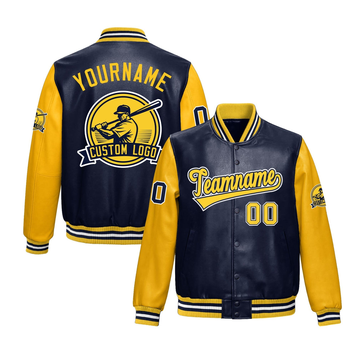 Custom Navy Yellow Raglan Sleeves Full-Snap Faux Leather Letterman Jacket| KXKSHOP